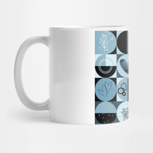 repeating geometry pattern, squares and circles, ornaments, black blue color tones Mug